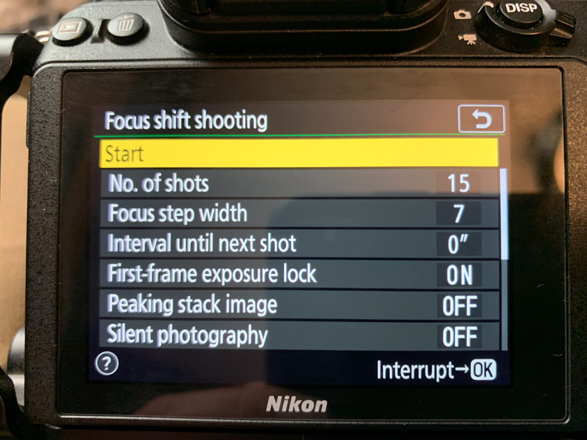Focus shift shooting mode on Nikon Z7.