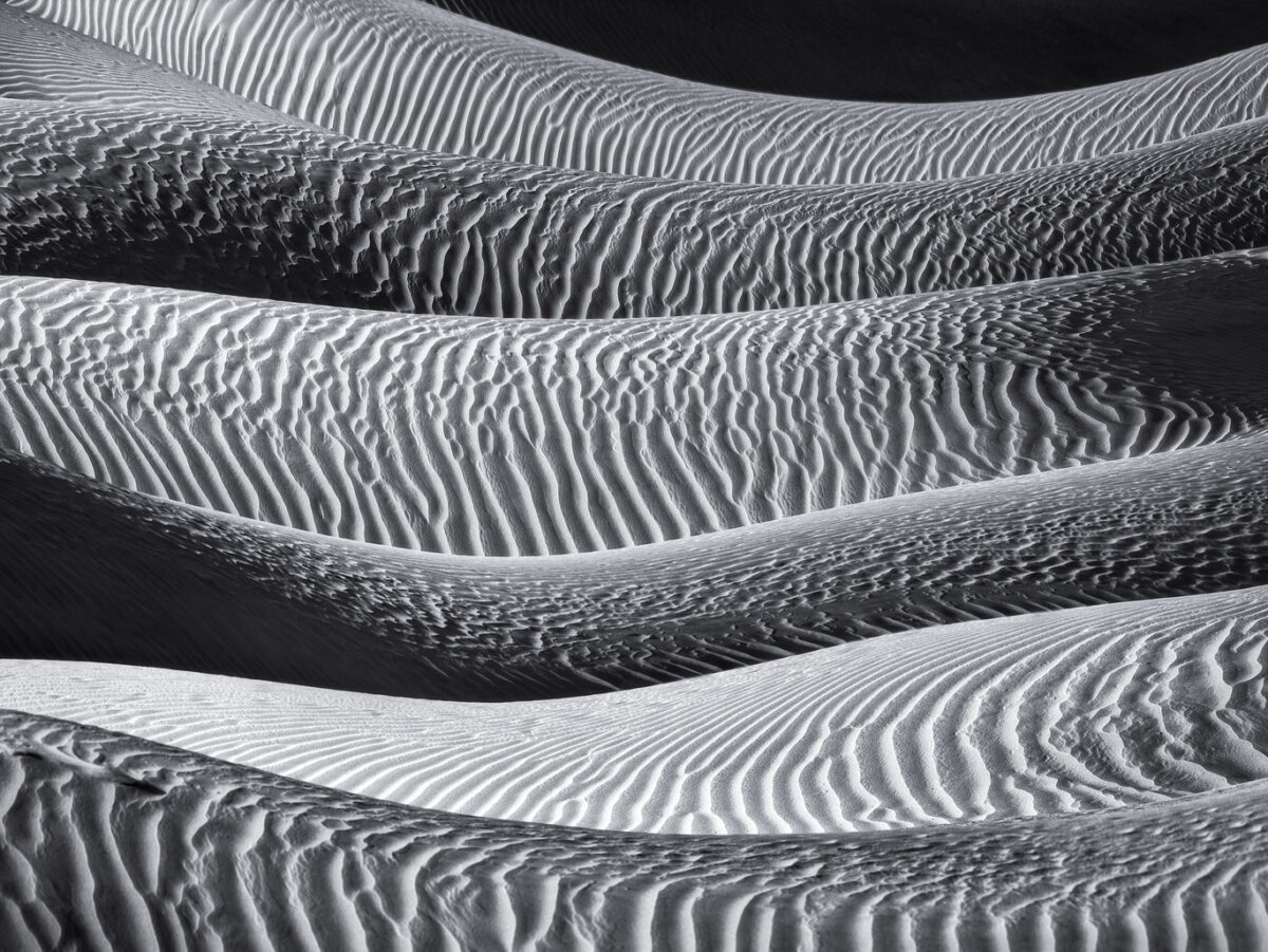 Black-and-white abstract photograph of sand dunes in Death Valley National Park, where intricate wind-carved ripple patterns flow across overlapping dune ridges illuminated by low-angle light.